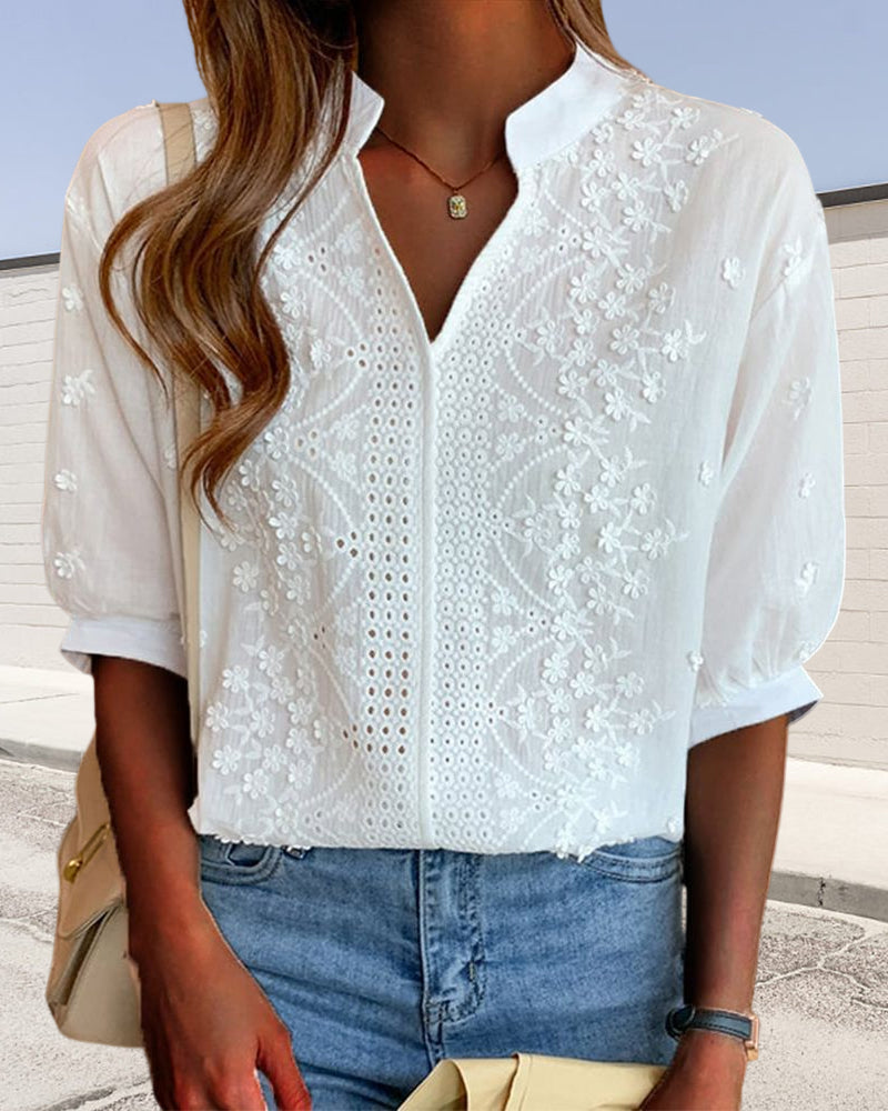 Sienna | V-Neck Blouse with Puff Sleeves and Lace Accents