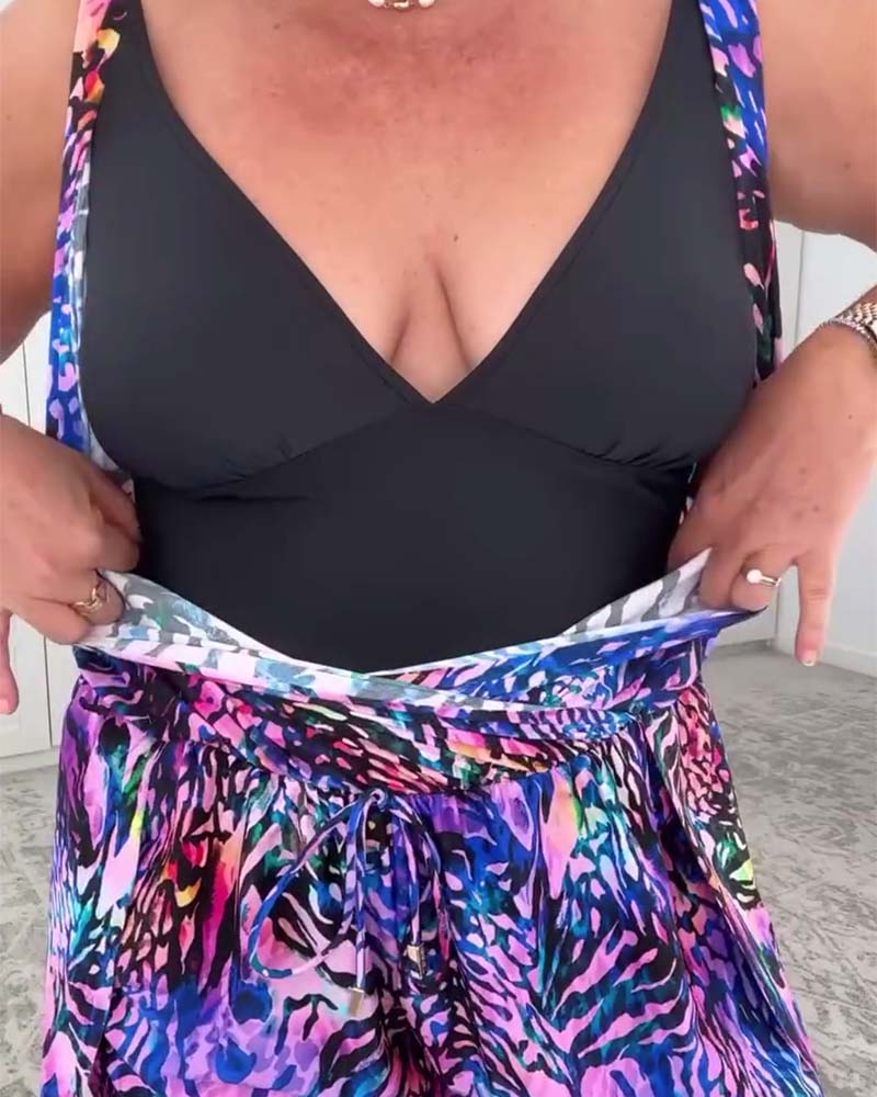 Badeanzug V-Ausschnitt Bunt Bedruckt Einteilig