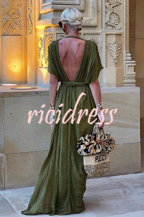 Kiara - Kimono-Maxikleid aus Leinenmischung im griechischen Stil mit Zöpfen und Schlitz