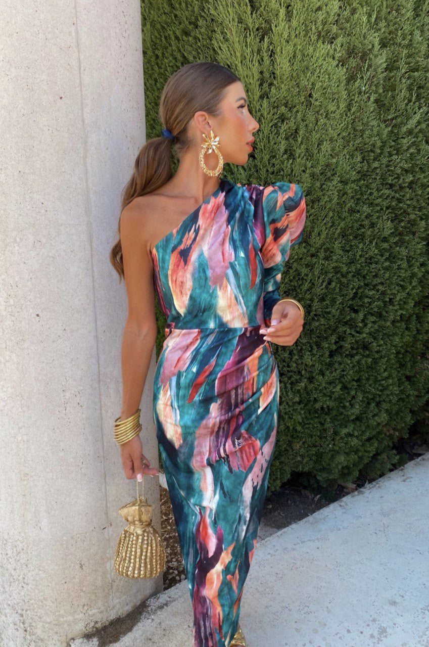 ALWINA I EIN-SCHULTER-MIDIKLEID