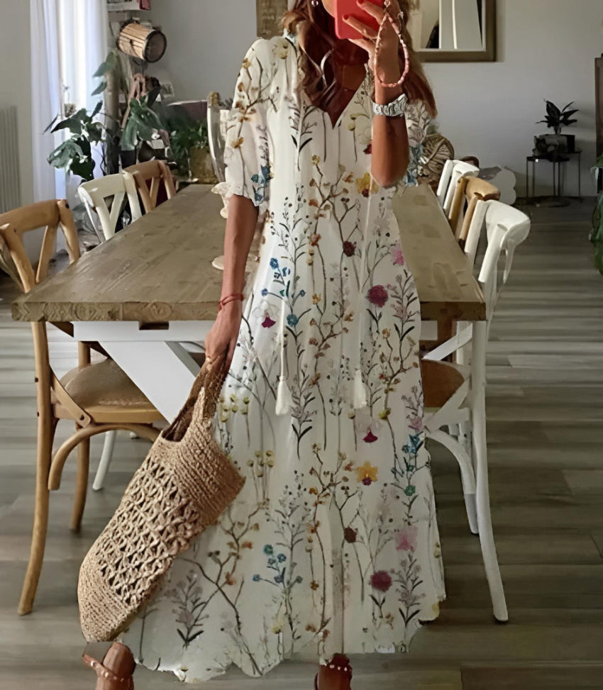 Andrea - Boho Vintage V-Ausschnitt Gedrucktes Kleid