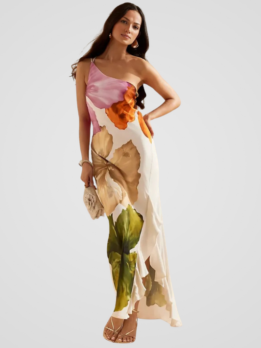 AILRUN I ASYMMETRISCHES SATIN-MAXIKLEID