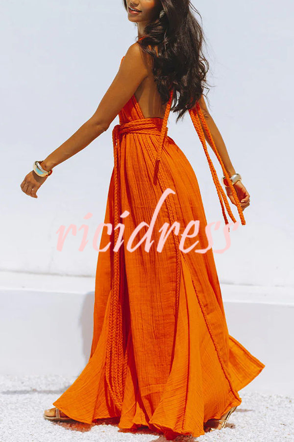 Skye – Drapiertes Maxikleid aus Leinenmischung mit tiefem V-Ausschnitt, Neckholder und rückenfreiem Überzug