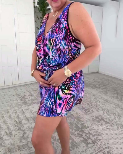 Badeanzug V-Ausschnitt Bunt Bedruckt Einteilig