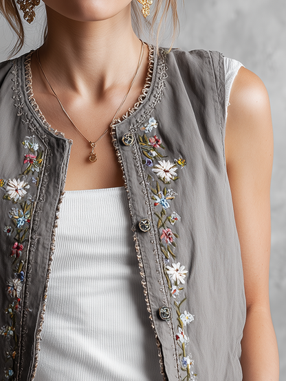 THERESA I VINTAGE LEINENWESTE MIT FLORALER STICKEREI