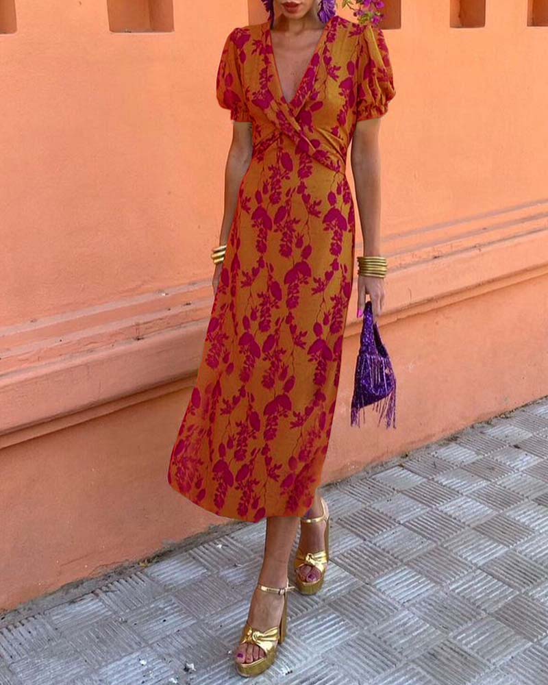 ANGELINA I RETRODRUCK V-AUSSCHNITT KLEID