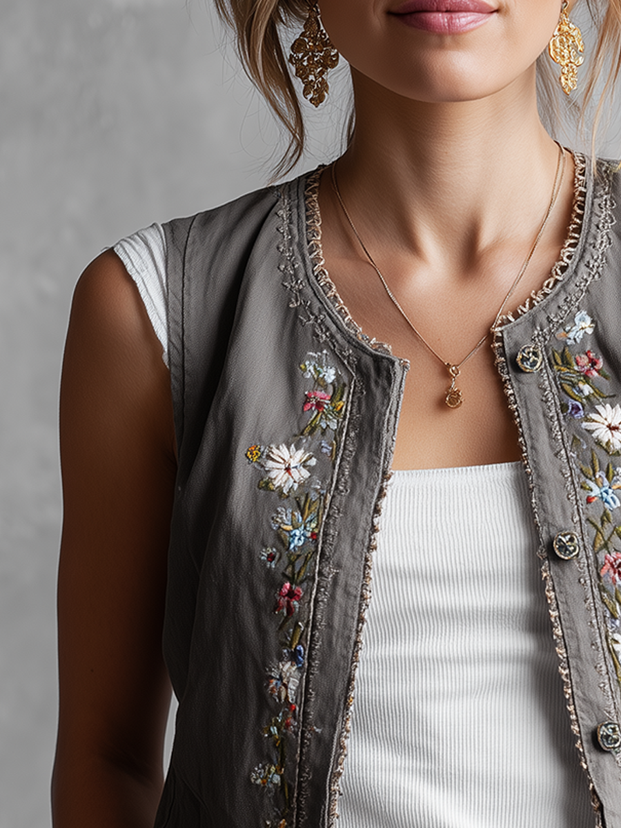 THERESA I VINTAGE LEINENWESTE MIT FLORALER STICKEREI