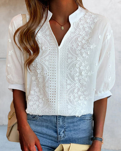 Sienna | V-Neck Blouse with Puff Sleeves and Lace Accents
