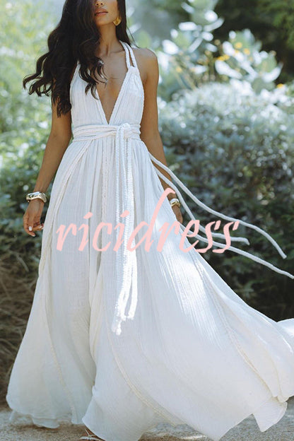 Skye – Drapiertes Maxikleid aus Leinenmischung mit tiefem V-Ausschnitt, Neckholder und rückenfreiem Überzug