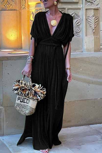 Kiara - Kimono-Maxikleid aus Leinenmischung im griechischen Stil mit Zöpfen und Schlitz