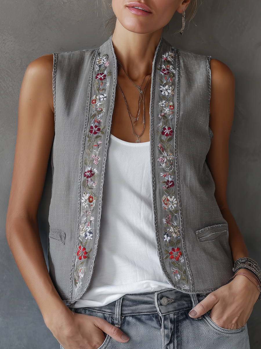 IRMGARD I VINTAGE LEINENWESTE MIT STICKEREI