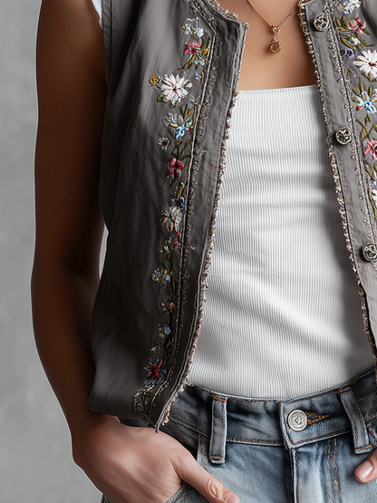 THERESA I VINTAGE LEINENWESTE MIT FLORALER STICKEREI