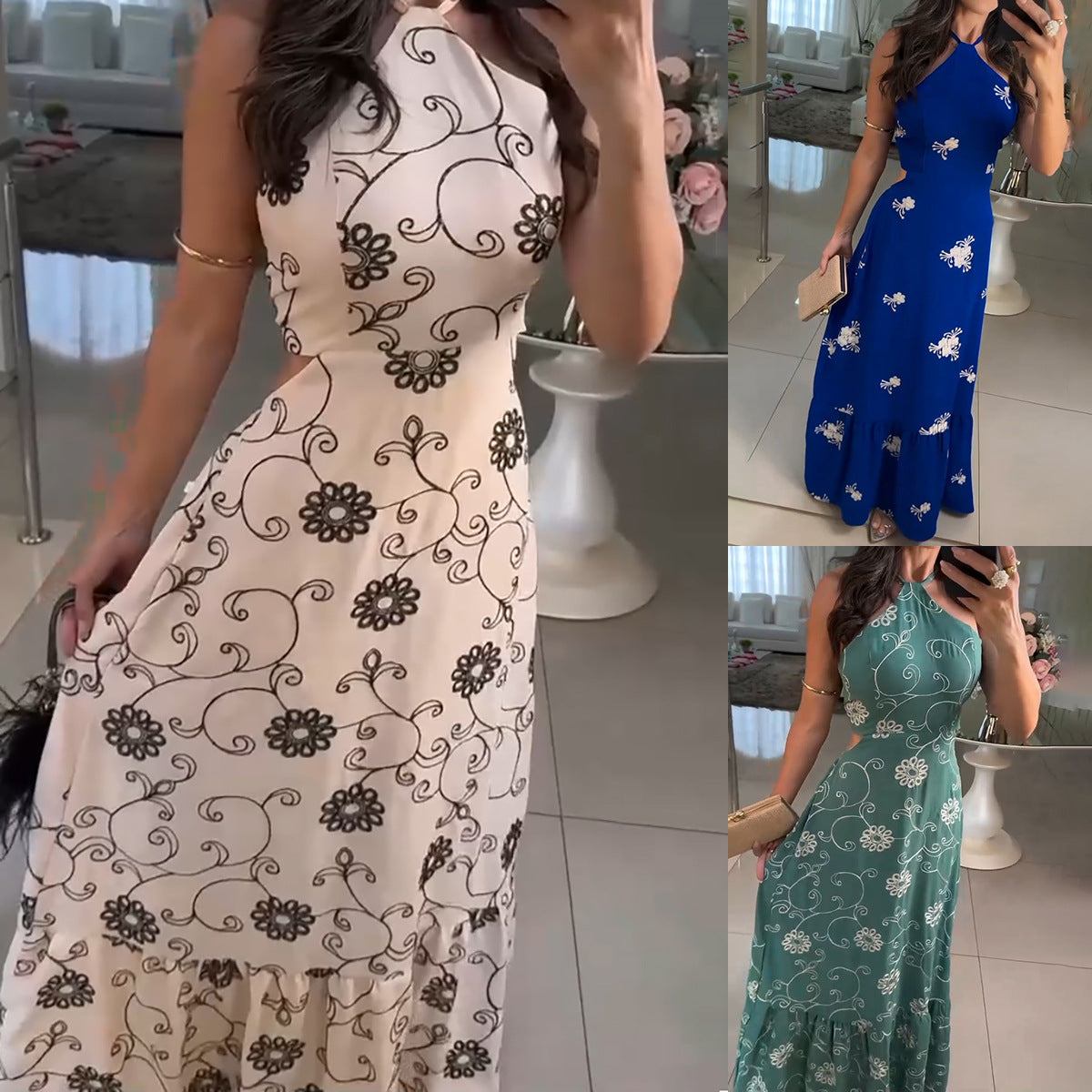 ANYA I MAXIKLEID MIT BLUMENSTICKEREI