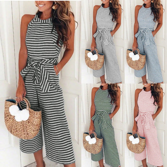 Hilde Ärmelloser Jumpsuit mit Rundhalsausschnitt, gestreift, mit Taschen