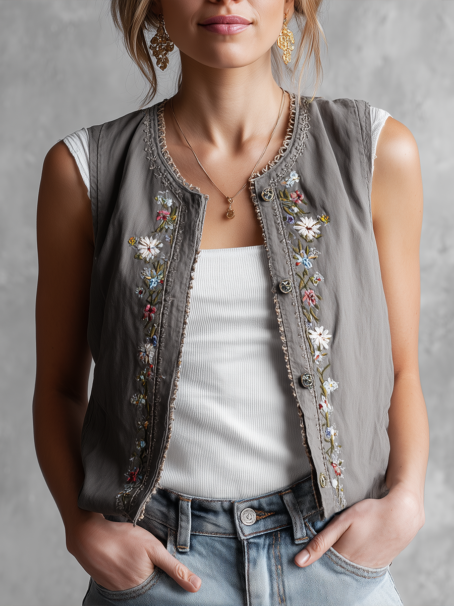 THERESA I VINTAGE LEINENWESTE MIT FLORALER STICKEREI