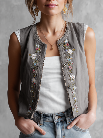 THERESA I VINTAGE LEINENWESTE MIT FLORALER STICKEREI