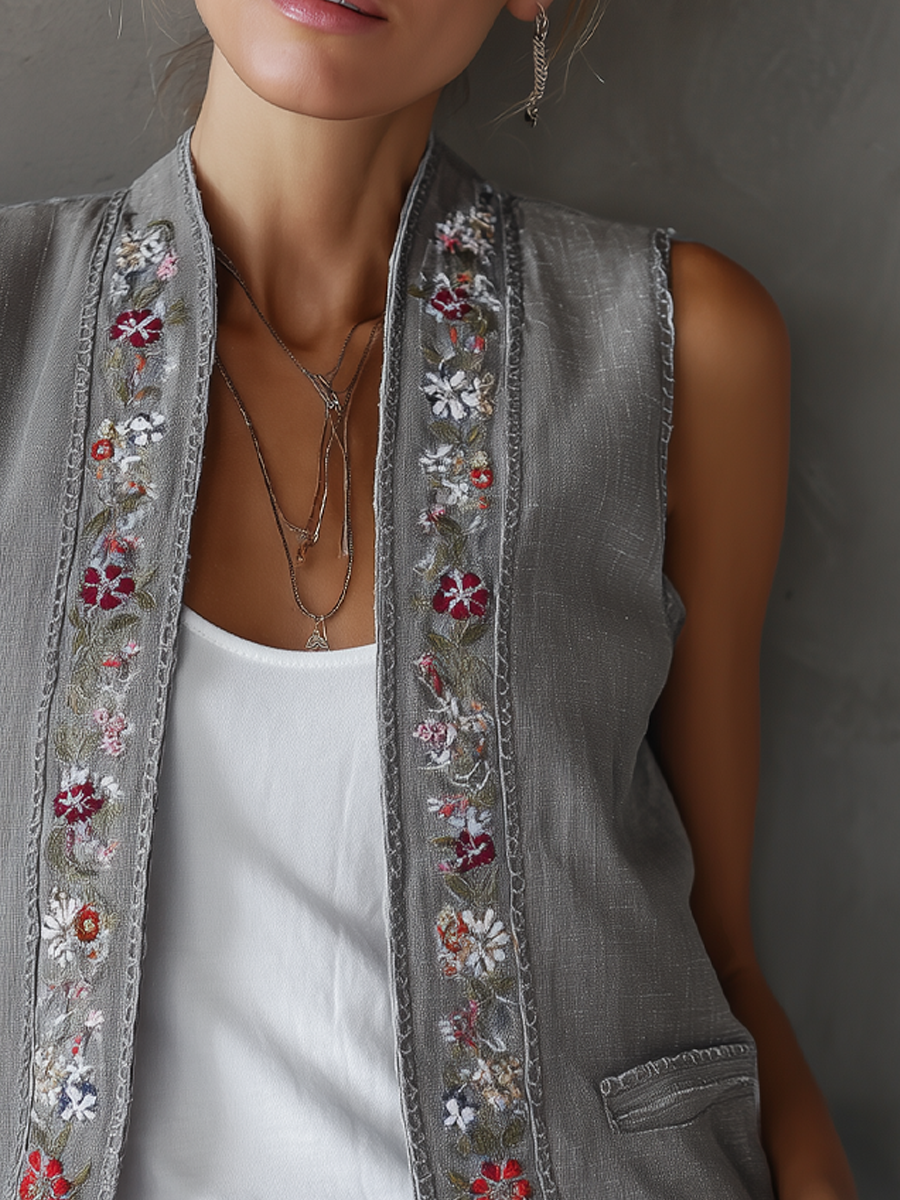 IRMGARD I VINTAGE LEINENWESTE MIT STICKEREI