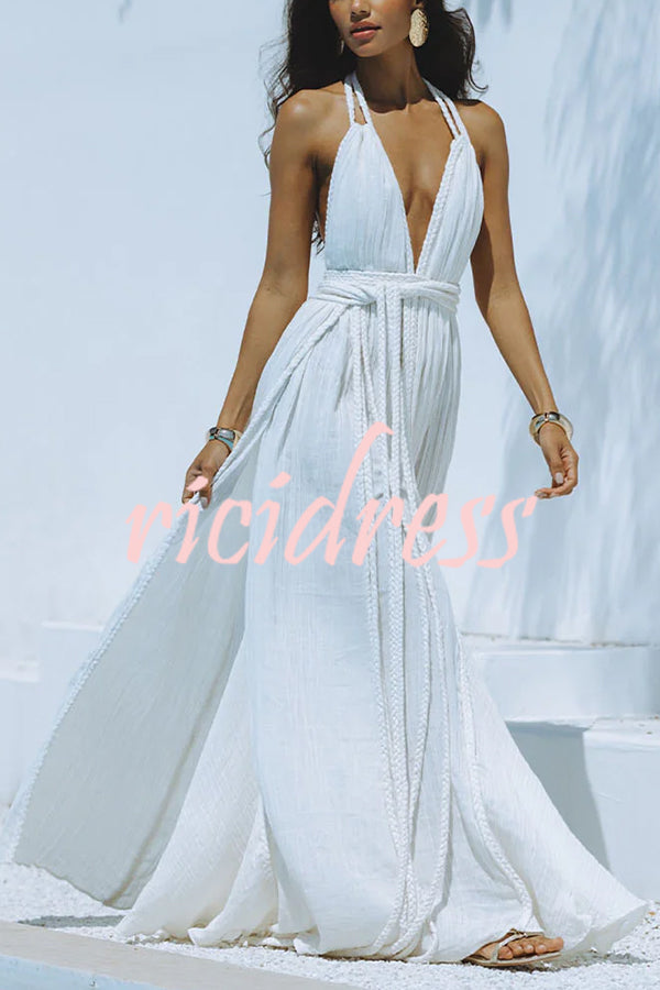 Skye – Drapiertes Maxikleid aus Leinenmischung mit tiefem V-Ausschnitt, Neckholder und rückenfreiem Überzug