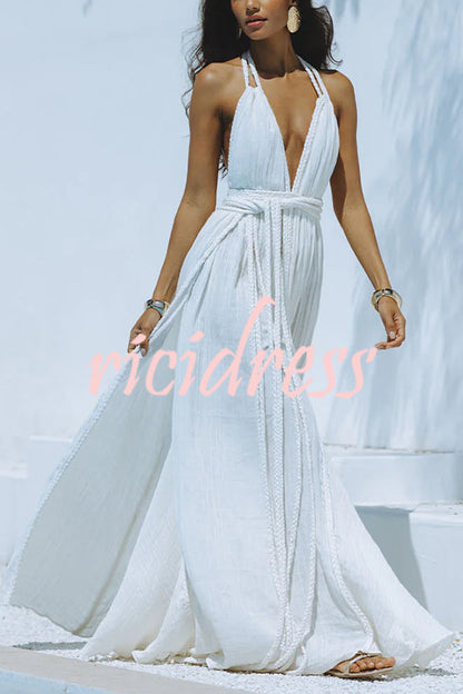 Skye – Drapiertes Maxikleid aus Leinenmischung mit tiefem V-Ausschnitt, Neckholder und rückenfreiem Überzug