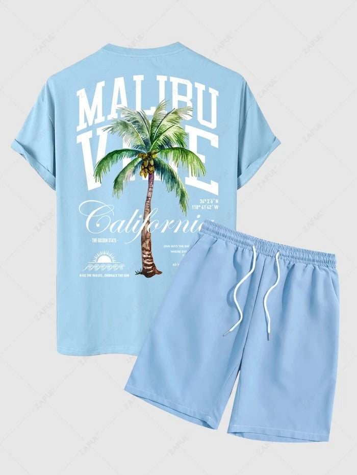 Die Hudson Wells – Coconut Tree Sunrise T-Shirt & Schlichte Freizeitshorts in Blau