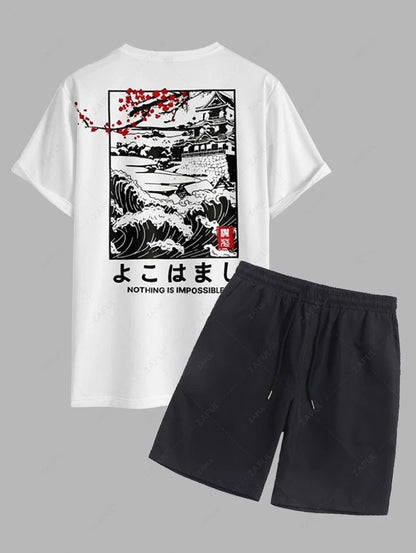 Das Kenji Mori – Pflaumenblüten-T-Shirt & lässige Shorts in Hellkaffee