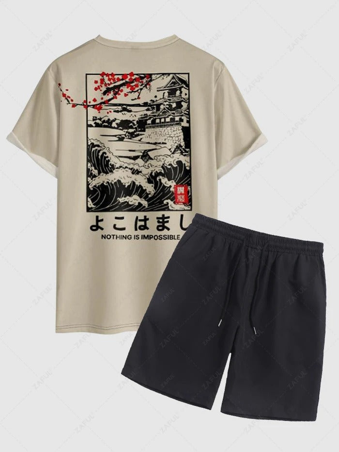 Das Kenji Mori – Pflaumenblüten-T-Shirt & lässige Shorts in Hellkaffee