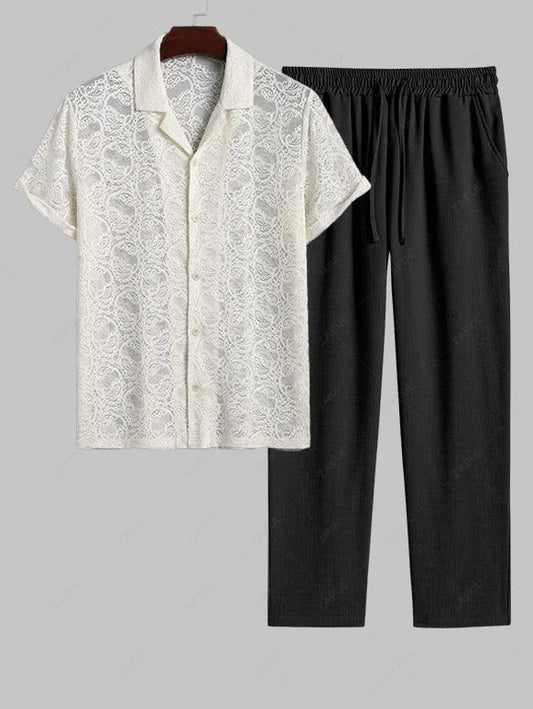 Das Silvano Hart – Spitzen-Jacquard-Hemd & Leinen-Hosen mit Kordelzug in Schwarz