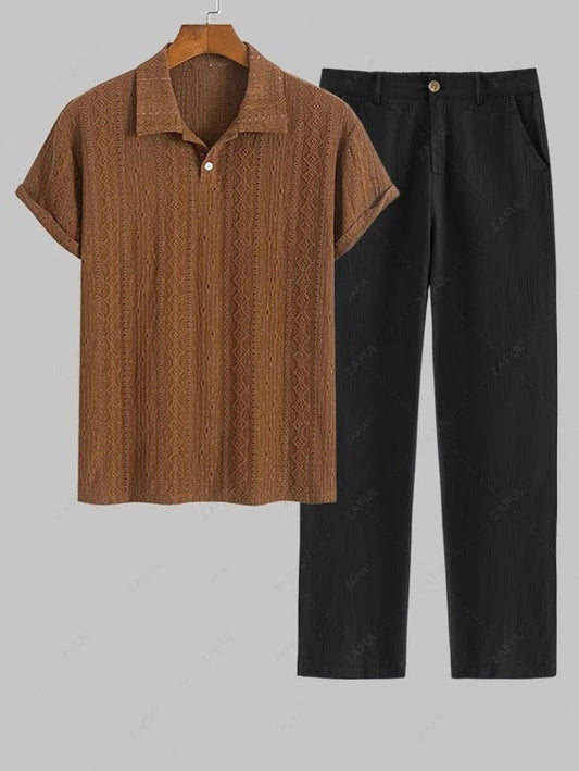 Das Everett Cain – Offenes Polo-Shirt & Leinen-Mix-Hose in Kaffee