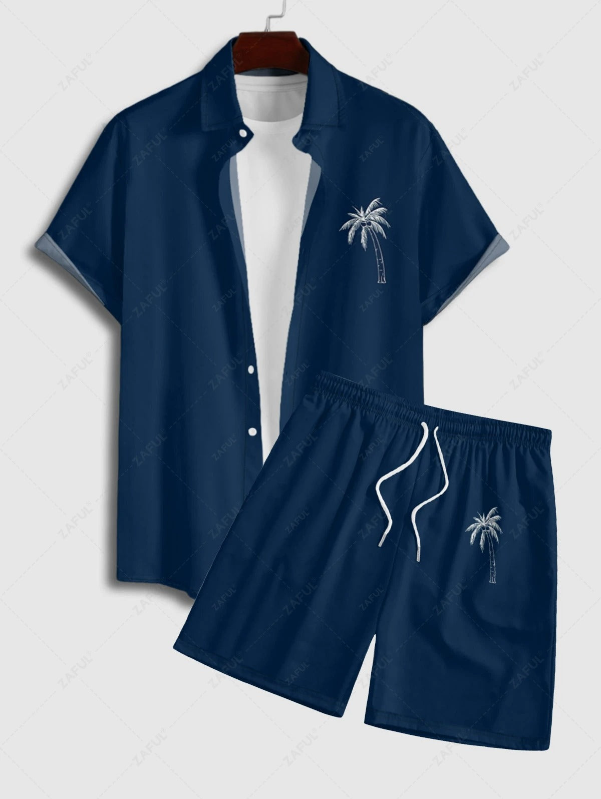 Das Lennox Gray – Hemd mit Kokosnussbaumdruck & Shorts mit Kordelzug in Tiefblau