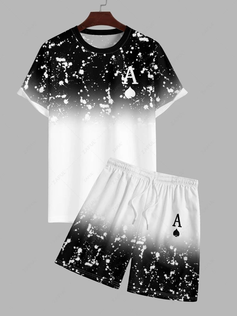 Die Castell & Co. – Ace Print Ombre T-Shirt & Shorts mit Kordelzug in Weiß