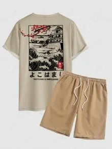 Das Kenji Mori – Pflaumenblüten-T-Shirt & lässige Shorts in Hellkaffee