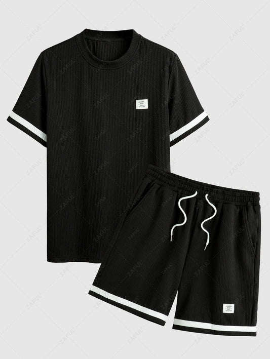 Die Mercer Ellison – Jacquard Patch T-Shirt & Shorts mit Kordelzug in Schwarz