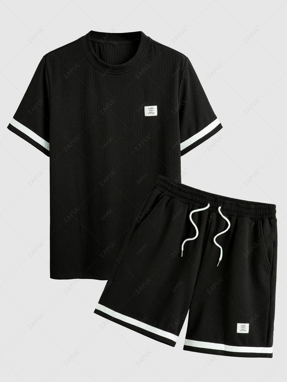 Die Mercer Ellison – Jacquard Patch T-Shirt & Shorts mit Kordelzug in Schwarz
