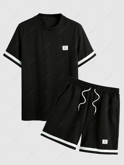 Die Mercer Ellison – Jacquard Patch T-Shirt & Shorts mit Kordelzug in Schwarz