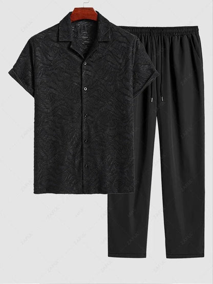 Das Dorian Vale – Jacquard Camp Collar Hemd & Jogginghose in Schwarz