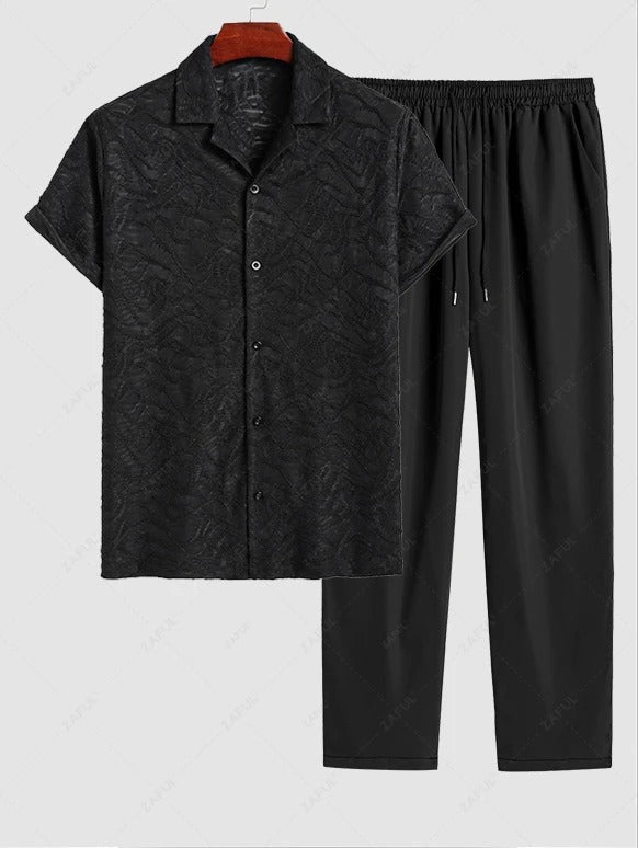 Das Dorian Vale – Jacquard Camp Collar Hemd & Jogginghose in Schwarz