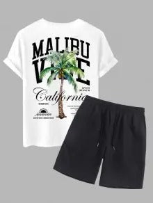 Die Hudson Wells – Coconut Tree Sunrise T-Shirt & Schlichte Freizeitshorts in Blau