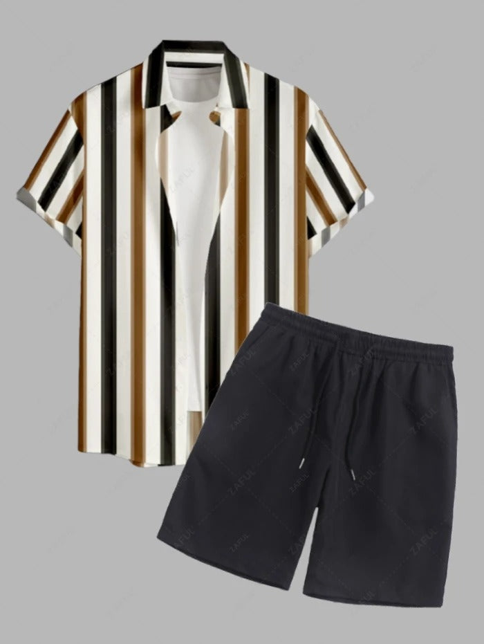 Das Rowan Blackwell – Gestreifte Button-Up-Hemd & Unifarbene Shorts in Dunkelkaffee