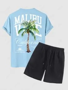 Die Hudson Wells – Coconut Tree Sunrise T-Shirt & Schlichte Freizeitshorts in Blau