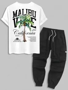 Die Hudson Wells – Coconut Tree Sunrise T-Shirt & Schlichte Freizeitshorts in Blau