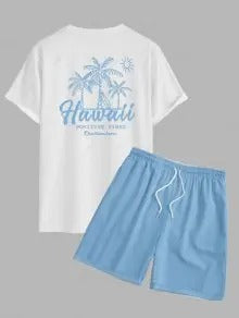 Die Hudson Wells – Coconut Tree Sunrise T-Shirt & Schlichte Freizeitshorts in Blau