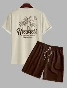 Die Hudson Wells – Coconut Tree Sunrise T-Shirt & Schlichte Freizeitshorts in Blau