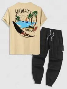 Die Hudson Wells – Coconut Tree Sunrise T-Shirt & Schlichte Freizeitshorts in Blau