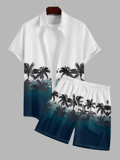 Das Camden Locke – Ombre-Hemd mit Kokosnussbaum & Shorts mit Kordelzug in Weiß