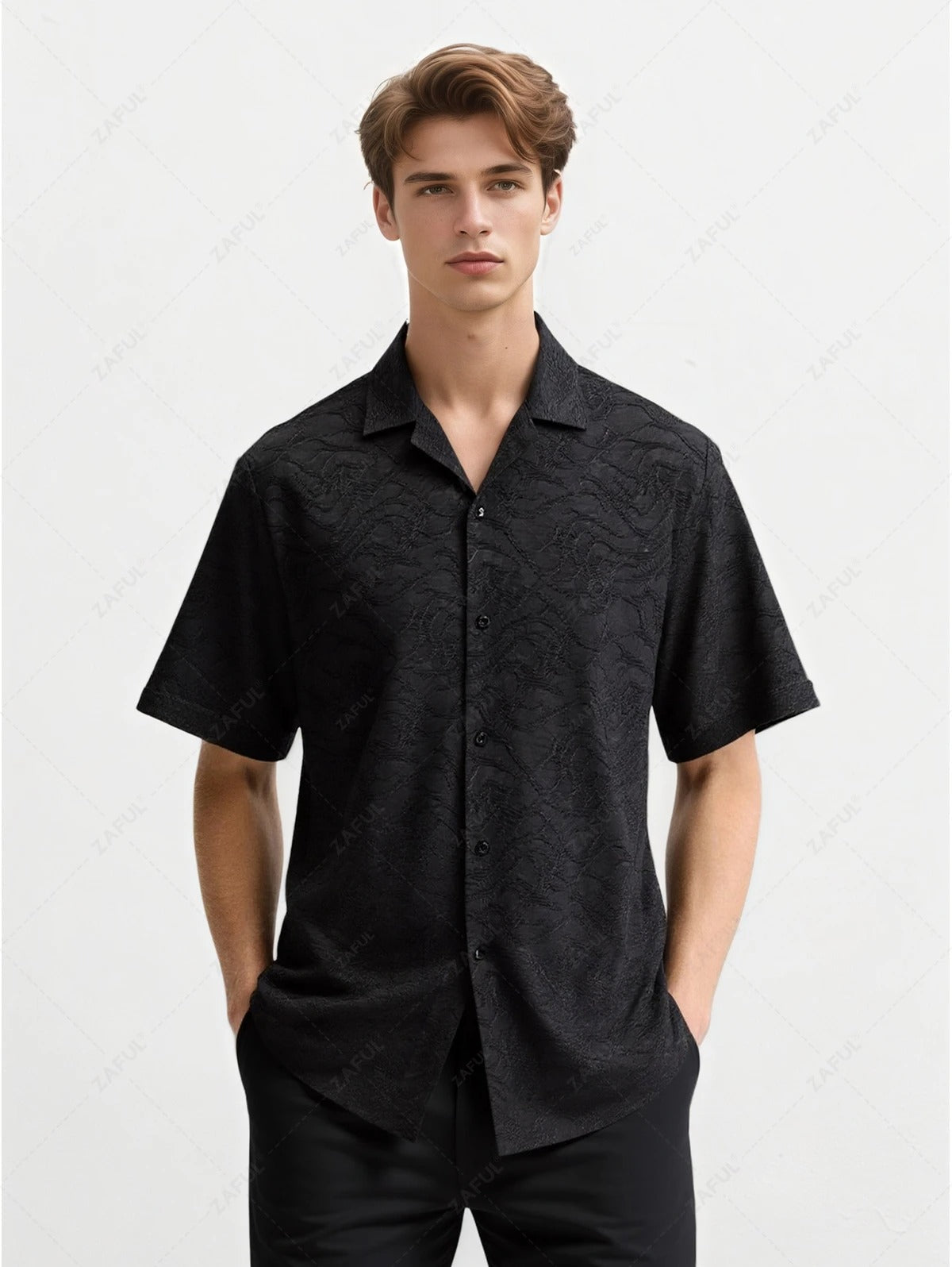 Das Dorian Vale – Jacquard Camp Collar Hemd & Jogginghose in Schwarz