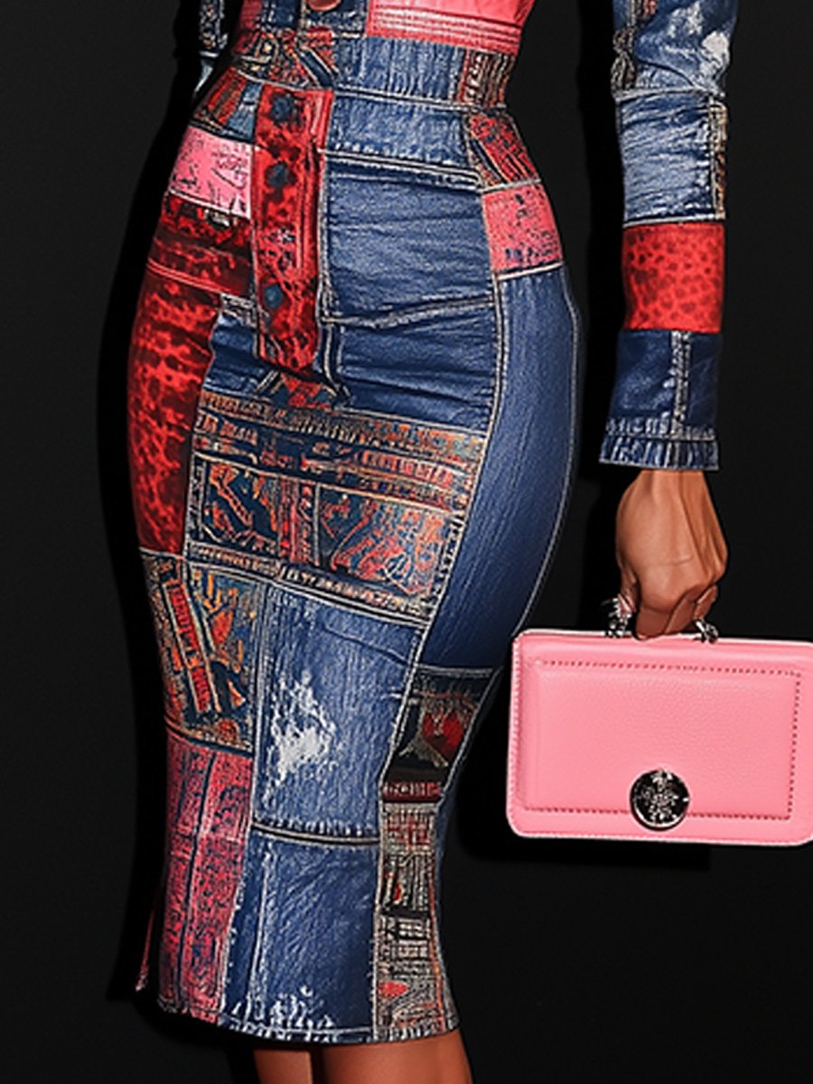 NORA I PATCHWORK BODYCON MIDI-KLEID